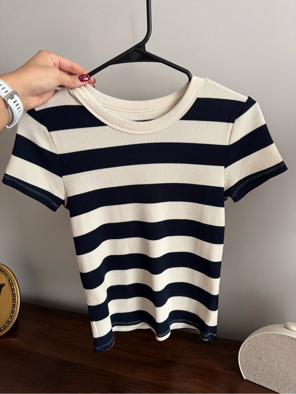 American Eagle Women's Navy and Cream Striped Short-Sleeve Top